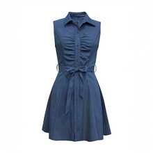 Local Shipping-- Shirt DressWomen's Solid Button Front Belted - Denim Blue - View 2