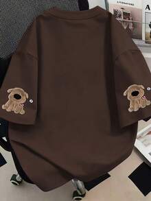 Kaos Wanita Ukuran Besar Lengan Pendek Kerah Bulat Motif Huruf Anjing Kasual Musim Panas - Coffee Brown - View 3