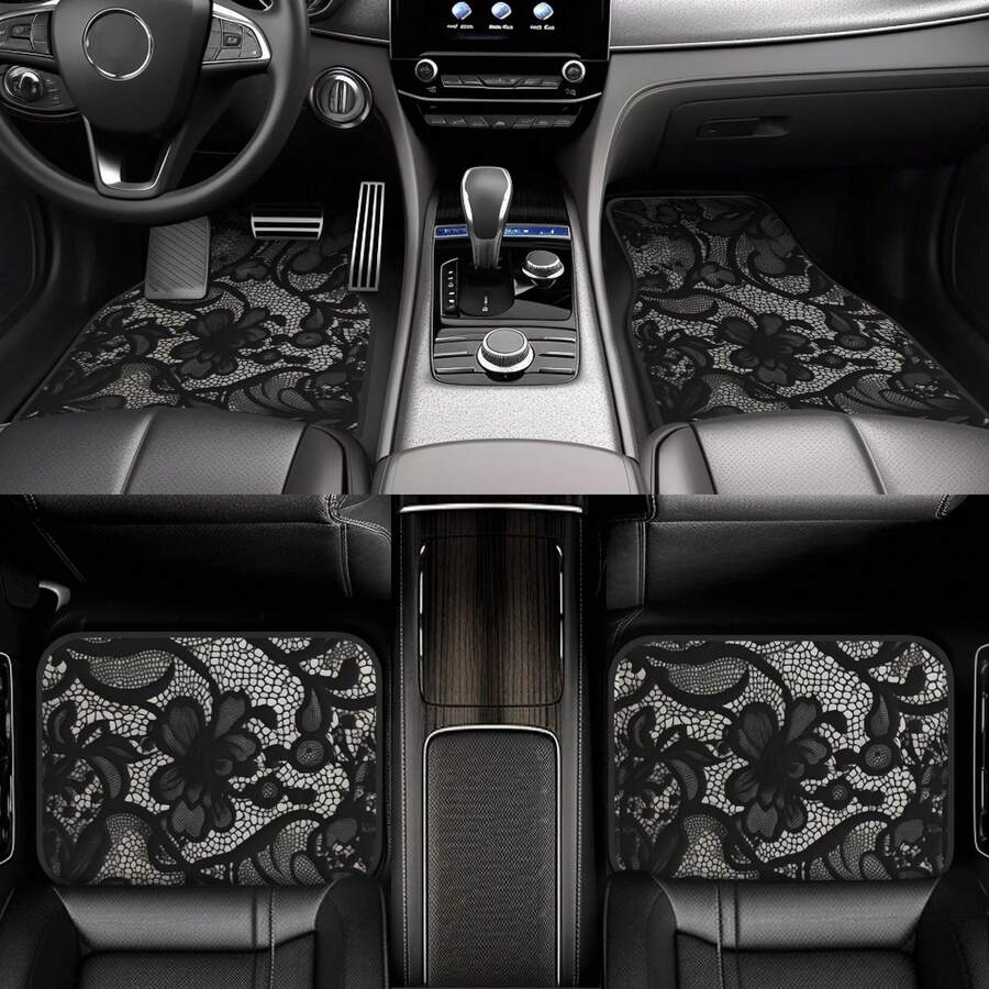 4pcs Black Lace Pattern Car Floor Mats | Stylish, Easy To Clean, Universal Fit For All Vehicle Models, Durable Polyester Fiber, Long Lasting Protection, Enhances Driving Pleasure, Perfect Gift For Friends And Family - 4件套 - 查看 1