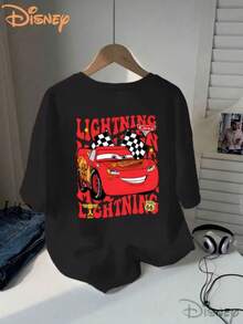 Women's Disney T-Shirt Lightning McQueen Double-Sided Printed Ladies' T-Shirt, Retro Racing Car "CARS" Letters Printed Before And After, Loose Round Neck, Machine-Washed Fabric, Suitable For Spring And Summer, Disney Gifts, Family Clothes. - 黑色 - 查看 2