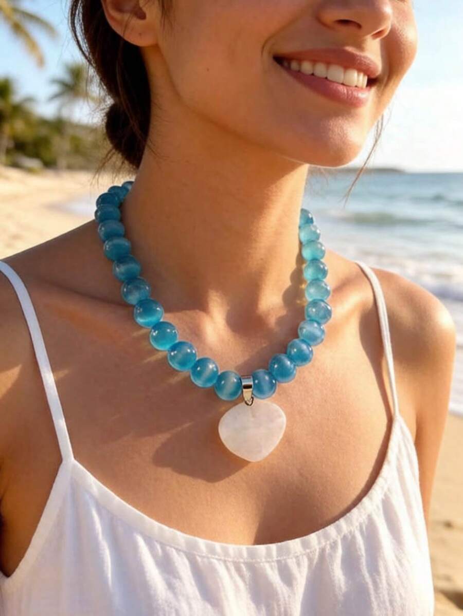 1 chiếc vòng cổ hạt tròn màu xanh nhạt lấy cảm hứng từ phong cách Bohemian Dopamine, quà tặng trang sức phù hợp cho phụ nữ đi nghỉ mát ở bãi biển. - 32648-nek-blue-EP - Xem 1