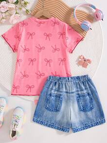 2pcs/Set Girls' Casual Bow Print Short Sleeve Top And Shorts With 3D Bow Decor, Summer Outfit - Pink - View 2