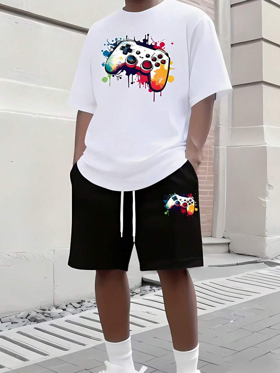 Men's Casual 2-Piece Set, Round Neck Short Sleeve T-Shirt And Drawstring Shorts, Spring/Summer Sports Outfit With Printed Casual Clothing Set - 白色 - 查看 1