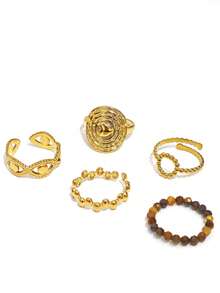 Set de 3/5 anillos geométricos de línea de acero inoxidable, anillos ajustables huecos con piedra natural chapada en oro de 18K - Colocar - Ver 14