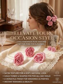 3 piezas Clips para el cabello con flores de rosa falsas románticas, accesorios para el cabello en forma de U estilo Mori para novia y dama de honor, decoración para moño - Multicolor - Ver 6