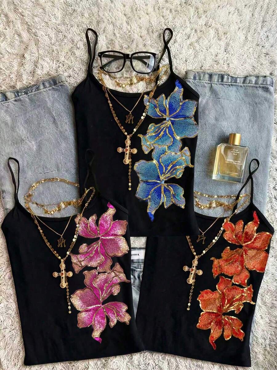 Bộ 3 áo hai dây không tay kiểu Y2K dành cho nữ, thêu hoa vintage và đính sequin, thanh lịch cho dạo phố, dự tiệc, kỳ nghỉ hè và phong cách thường ngày.