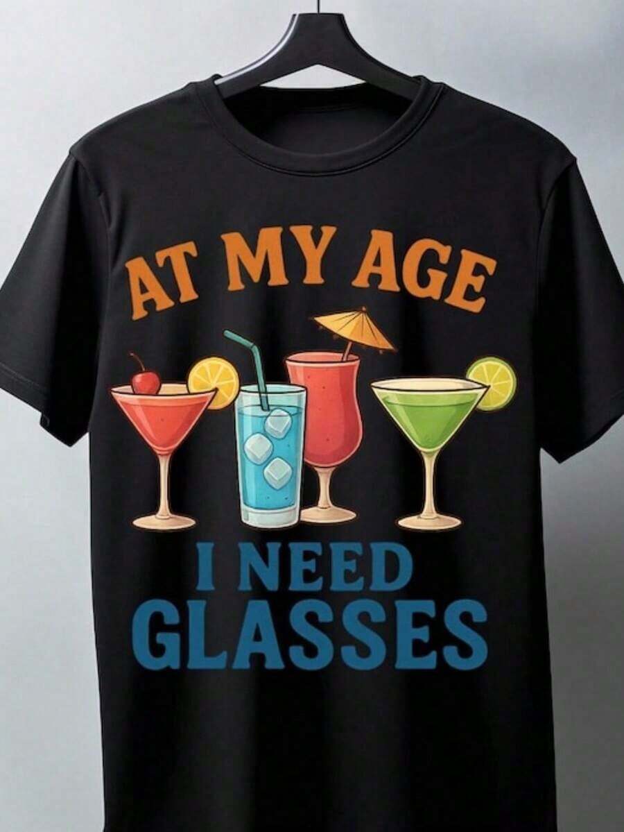 For My Age, I Need A Wine-Themed Shirt, A Fun Wine Shirt, A Gift For Wine Lovers, An Oversized Printed Cotton Women's Shirt, A Casual Round Neck Short-Sleeved Women's Shirt, A 1-Piece Women's Shirt, A New Year's Gift, A Christmas Gift. - Black - View 1