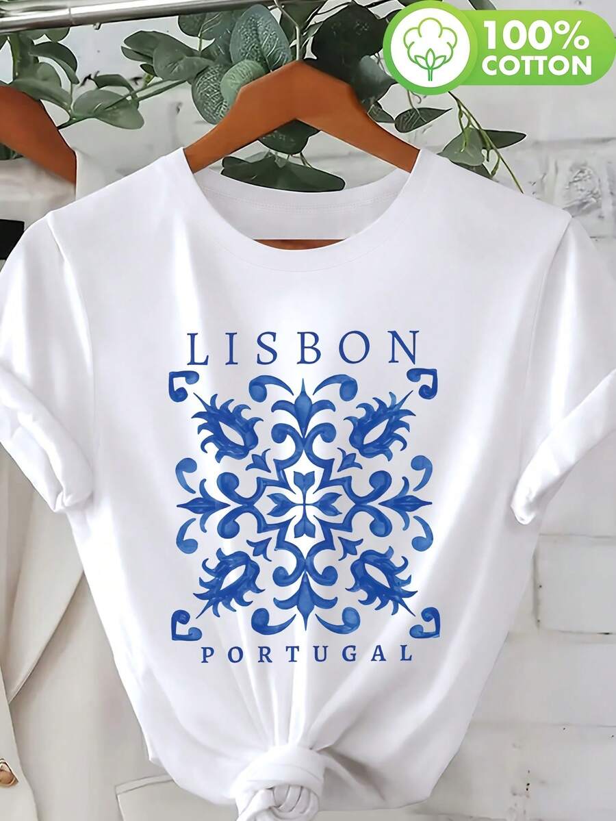 -Women's Floral Print Shirt With Lisbon Lettering - Casual Round Neck And Short Sleeve Top With Portuguese Inspiration For Spring/Summer, Washable, Summer Fashion, Non-See-Through Fabric, Vacation Style, Design, Lightweight Shirt, Printed Shirt, Adults - White - View 1
