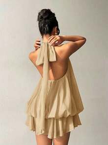 Vestido mini elegante de mujer con cuello halter y lazo en color amarillo claro - Albaricoque - Ver 2