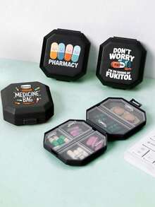 Caja de pastillas portátil de 6 compartimentos, estuche de almacenamiento de cápsulas, caja de medicamentos de viaje, impresa con patrones de cápsulas, tabletas, letras y botellas, caja organizadora de pastillas mini, adecuada para tabletas, vitaminas, contenedor de medicamentos a prueba de humedad, botiquín de primeros auxilios, accesorios de viaje, artículos esenciales para dormitorios - Multicolor - Ver 2
