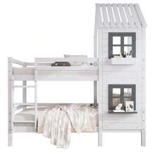 [29590567WAA] Bunk Bed With Handrail And Window, House-Style Bed, Children's Bed With Fall Protection And Railing, Pine Structure, White (90x200cm) [29590567WAA] - White - View 1