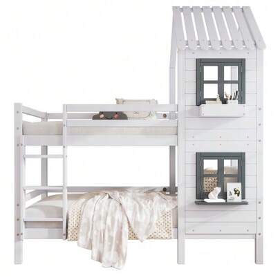[29590567WAA] Bunk Bed With Handrail And Window, House-Style Bed, Children's Bed With Fall Protection And Railing, Pine Structure, White (90x200cm) [29590567WAA]