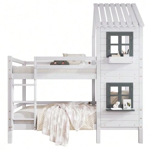 [29590567WAA] Bunk Bed With Handrail And Window, House-Style Bed, Children's Bed With Fall Protection And Railing, Pine Structure, White (90x200cm) [29590567WAA] - White - View 1