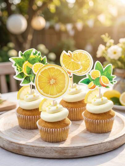 24pcs Lemon Cupcake Toppers, Lemon Paper Cupcake Decorations, Cute Fruit Cupcake Picks For Summer Theme Party, Pool, Beach, BBQ, Baby Shower, Birthday, Wedding Decorations