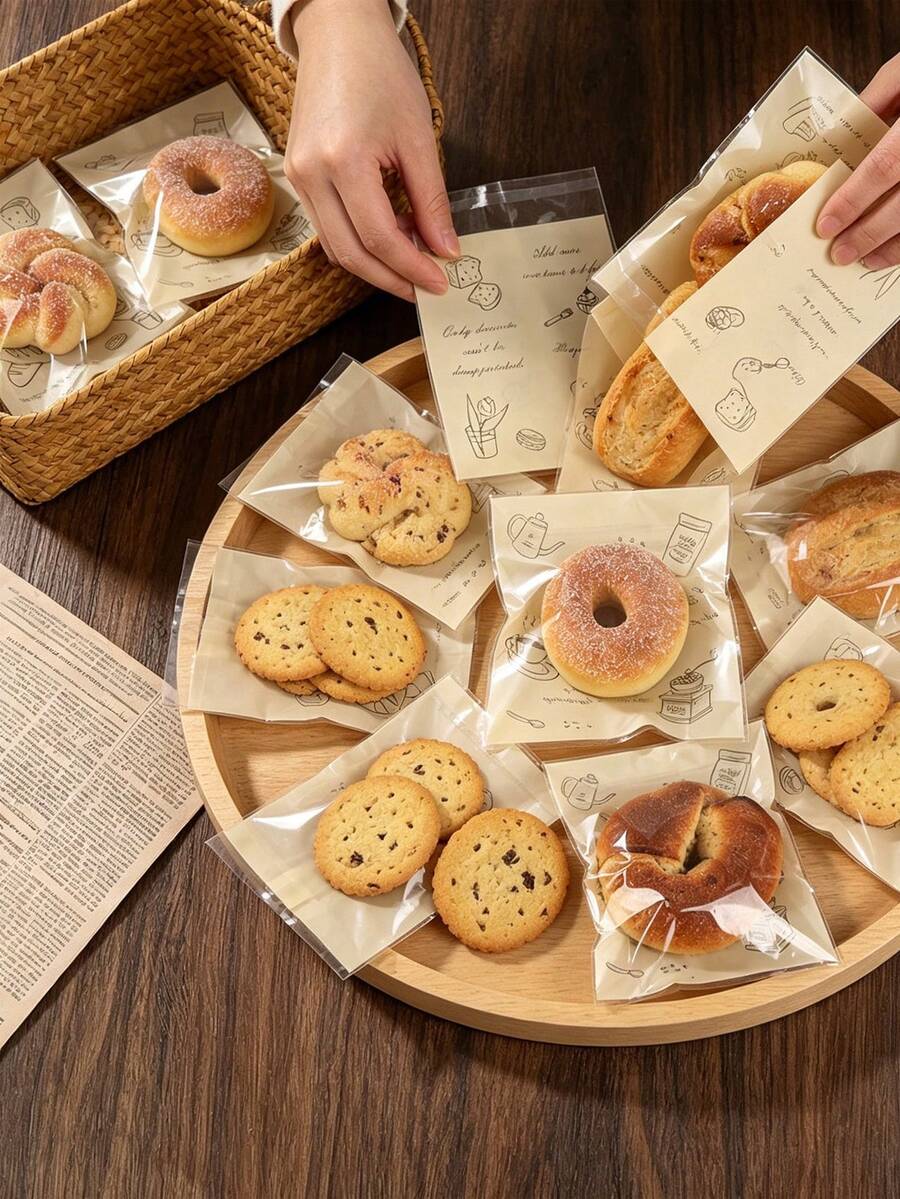 50pcs Cookie & Bread Gift Bags, Self-Adhesive Packaging Bags Printed With Cartoon Bread & Dessert Patterns, DIY Party Gift Packaging Boxes, Snacks & Candy Decor, Suitable For Party Gifts And Souvenirs, Graduation Party Decorations, Cookie & Candy DIY Decor Bags, Afternoon Tea Packaging - Type B - View 1