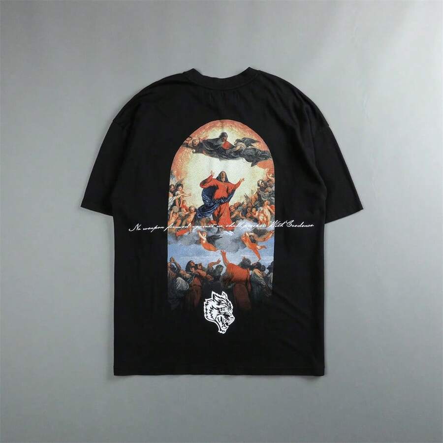 DARCSPORT American-Style Retro T-Shirt For Couples, Men's Top, Pure Cotton Loose-Fit Round-Neck T-Shirt - 黑色 - 查看 1