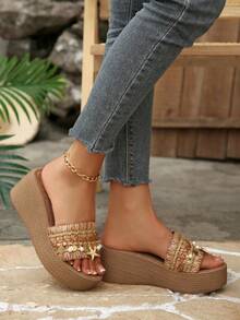 Bohemian Style Woven Thick-Soled Sandals, Starfish & Pearl Decor Beach Platform Wedge Sandals For Women - Brown - View 6