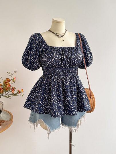 Rusttydustty Plus Size Women Bohemian Vacation & Everyday Navy Blue Ditsy Floral Short Sleeve Top