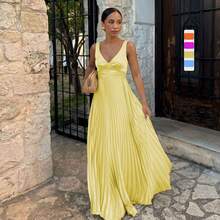 2026 Spring/Summer Formal Dress With Waist-Cinching Pleats, Strapless V-Neck, Solid Color Fashion Dress 68677 - 湖藍色 - 查看 2