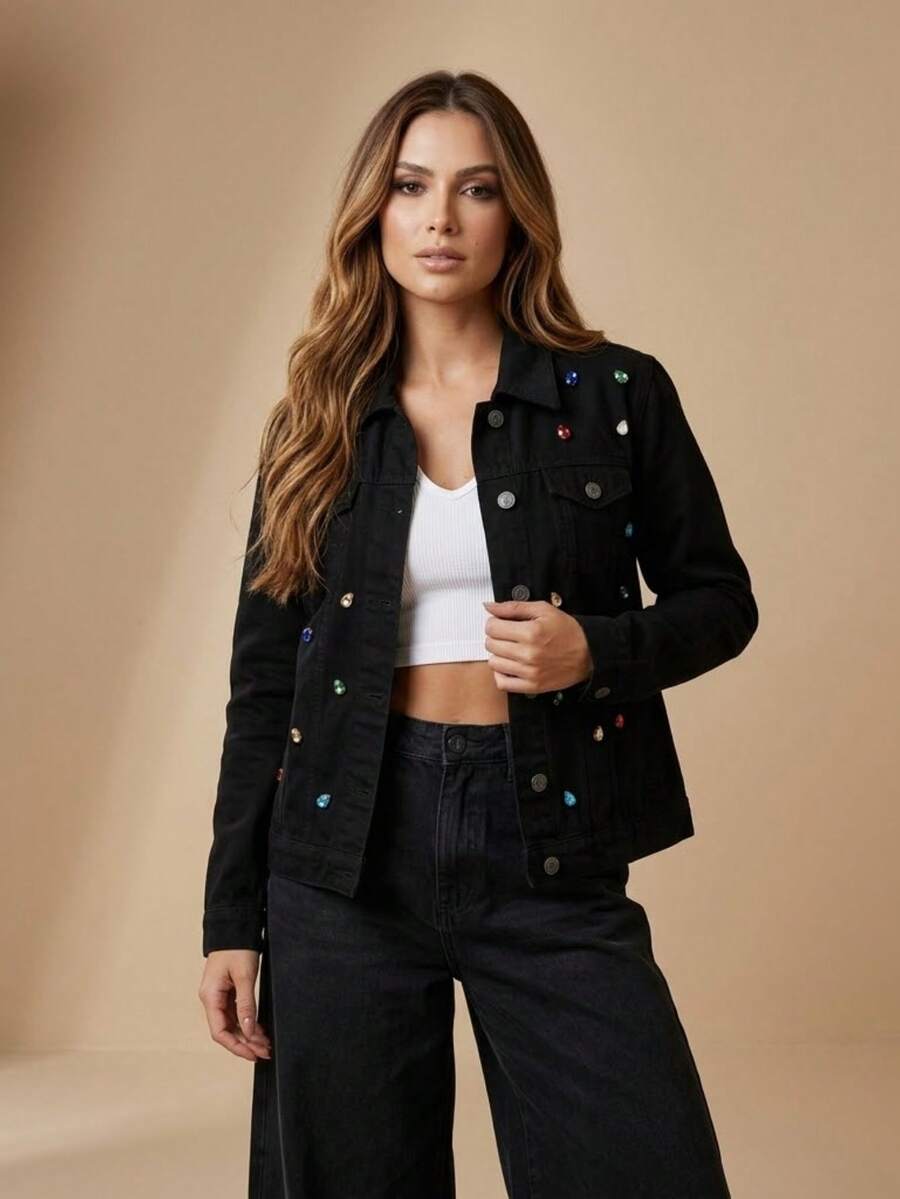 pthirillo Women's Black Denim Jacket Maxi Oversized Denim Black Cotton Long Sleeve Premium Street Style Retro Casual Loose Fit With Pockets Cowboy Style Show Pearls | Basic - 彩色寶石 - 查看 1