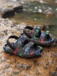 1 Pair Boys' Comfortable Fashionable Camouflage & Big Dinosaur Unique Print Soft Sole Sandals, Spring/Summer - Black - View 3