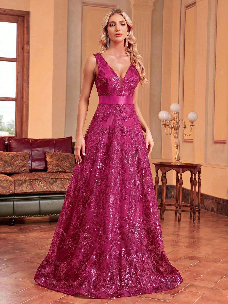BluePlum Đầm dạ hội dáng chữ A cổ chữ V thêu sequin cao cấp dành cho nữ cỡ lớn, thích hợp cho đám cưới, kỷ niệm, lễ kỷ niệm gia đình trang trọng, tiệc cô dâu, tiệc sinh nhật, đầm mẹ cô dâu sang trọng (trang trí cầu kỳ).