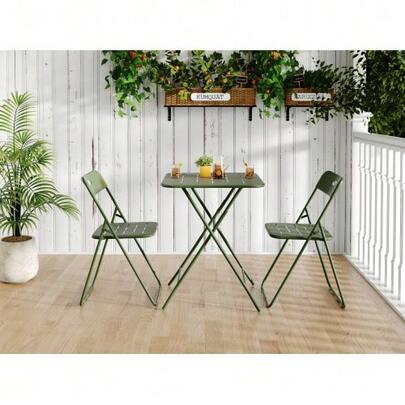 Outdoor 3-Piece Foldable Bistro Set, E Coating Folding Outdoor Patio Furniture Sets, 2 Chairs And 1 Table, Weather-Resistant Outdoor/Indoor Conversation Set For Patio,Green