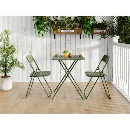 Outdoor 3-Piece Foldable Bistro Set, E Coating Folding Outdoor Patio Furniture Sets, 2 Chairs And 1 Table, Weather-Resistant Outdoor/Indoor Conversation Set For Patio,Green - 綠色 - 查看 1