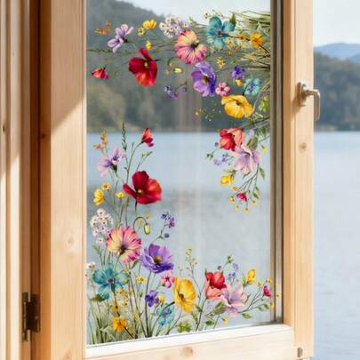 1pc Floral Garden Window Sticker, Spring Wildflower Window Decor, Suitable For Bedroom, Living Room, TV, Office, Home Decor, Removable Window Sticker