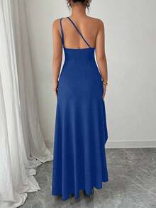 Nuevo vestido de verano sexy negro con hombro asimétrico, plisado, calado y abertura alta, adecuado para vacaciones, citas y fiestas - azul real - Ver 2