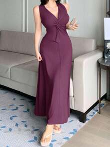 Vestido largo de punto ajustado sin mangas de unicolor minimalista para mujer - Morado - Ver 4