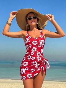 Swim Lushoire Traje de baño de una pieza con estampado floral y nudo, adecuado para vacaciones - Multicolor - Ver 11