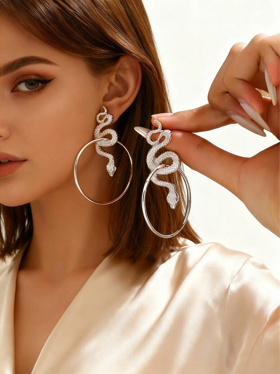 Unisex Minimalist Geometric Snake Stud Earrings - White Gold - View 1