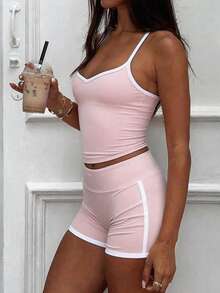GAOVOT Women's Summer Two Pieces Color Contrast Sexy V-Neck Top And High Waist Tight Hip Lift Shorts Suit For Yoga Running Pilates Gym Pink - 粉色 - 查看 10