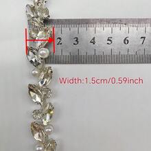 奢华新娘水钻珍珠链饰边 – 银色透明马眼形切割水晶和白色仿珍珠叶子图案缝制水钻丝带，按码出售，优雅闪亮的贴花带，适用于婚纱、新娘腰带、头纱、舞会礼服、晚礼服和DIY时尚装饰。 - 銀色 - 查看 11