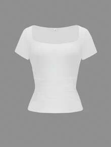 Vaiaye Women's Sexy Fitted Knit Top, Solid Color Square Neck Casual T-Shirt, Spring/Summer White - White - View 3