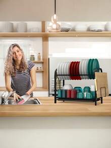 Escurridor de platos de metal negro resistente a la oxidación de 2 niveles, con gran capacidad, soporte para cubiertos, ganchos para tazas y bandeja de goteo extraíble, escurridor de platos ahorra espacio de fácil instalación para encimera o fregadero - Multicolor - Ver 11