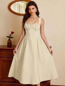 Vestido midi blanco de mujer, estilo vintage, tirantes finos y escote corazón, con pliegues en el busto y falda acampanada, elegante y versátil para fiestas, Navidad, Año Nuevo, eventos y el día a día - Albaricoque - Ver 6