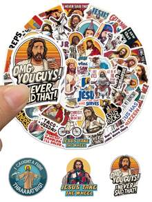 50张趣味耶稣贴纸，幽默宗教梗图，美观乙烯基贴纸，基督教创意艺术装饰，适用于笔记本电脑、手机壳、水瓶、汽车保险杠、橱柜、墙壁、车库、农舍等，休闲个人装饰，剪贴簿用品。 - 1 Set - 查看 4