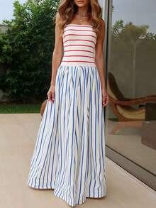 Magic Mia Women's Strapless Striped Maxi Dress - Tube Neck Color Block Stripe Design With Pleated A-Line Skirt & Side Pocket Detail | Fitted Casual Fit For Beach Vacation, Summer Travel, Wedding Guest, Date Outing & Resort Getaway For Effortless Chic Summer Looks - 白色 - 查看 4