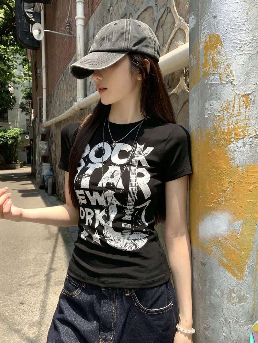 夏季韩版常规肩部性感美式印花修身休闲短袖T恤女式上衣黑色 - 黑色 - 查看 1