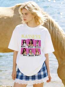 Camiseta de manga corta con cuello redondo suave y casual para mujer, estampado gráfico de grupo de chicas K-Pop, adecuada para uso diario en la calle. Negra. - Blanco - Ver 4