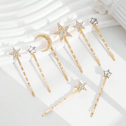 8pcs Star Moon Rhinestone Hair Clip Set - Elegant Crystal Hairpins For Women, New Year Party Bridesmaid Hair Accessories, All-Match Fashion Barrettes