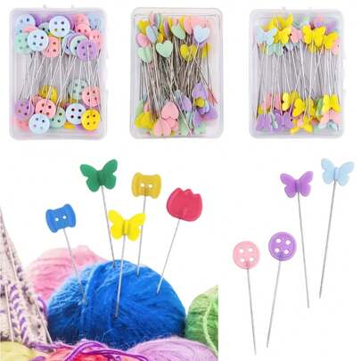 EDCUEBE7 50 piezas de alfileres de coser coloridos con cabezas decorativas, con patrones de flores, estrellas y redondos, adecuados para coser, bordar y manualidades DIY, esenciales para el bordado | Accesorios de colores vibrantes | Brillo metálico