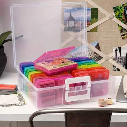 17 piezas Juego de cajas de marco de fotos de plástico colorido (16 pequeñas + 1 grande), cajas de marco de 4"X6" con asas, caja de almacenamiento transparente hecha a mano, organizador de fotos, caja de almacenamiento de plástico (multicolor)