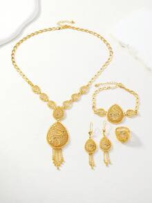 4pcs Middle Eastern Saudi Arabian Style Gold-Plated Copper Hollow Water Drop Tassel Jewelry Set, Floral Texture, Retro Luxury Party Jewelry Set - Yellow Gold - View 2