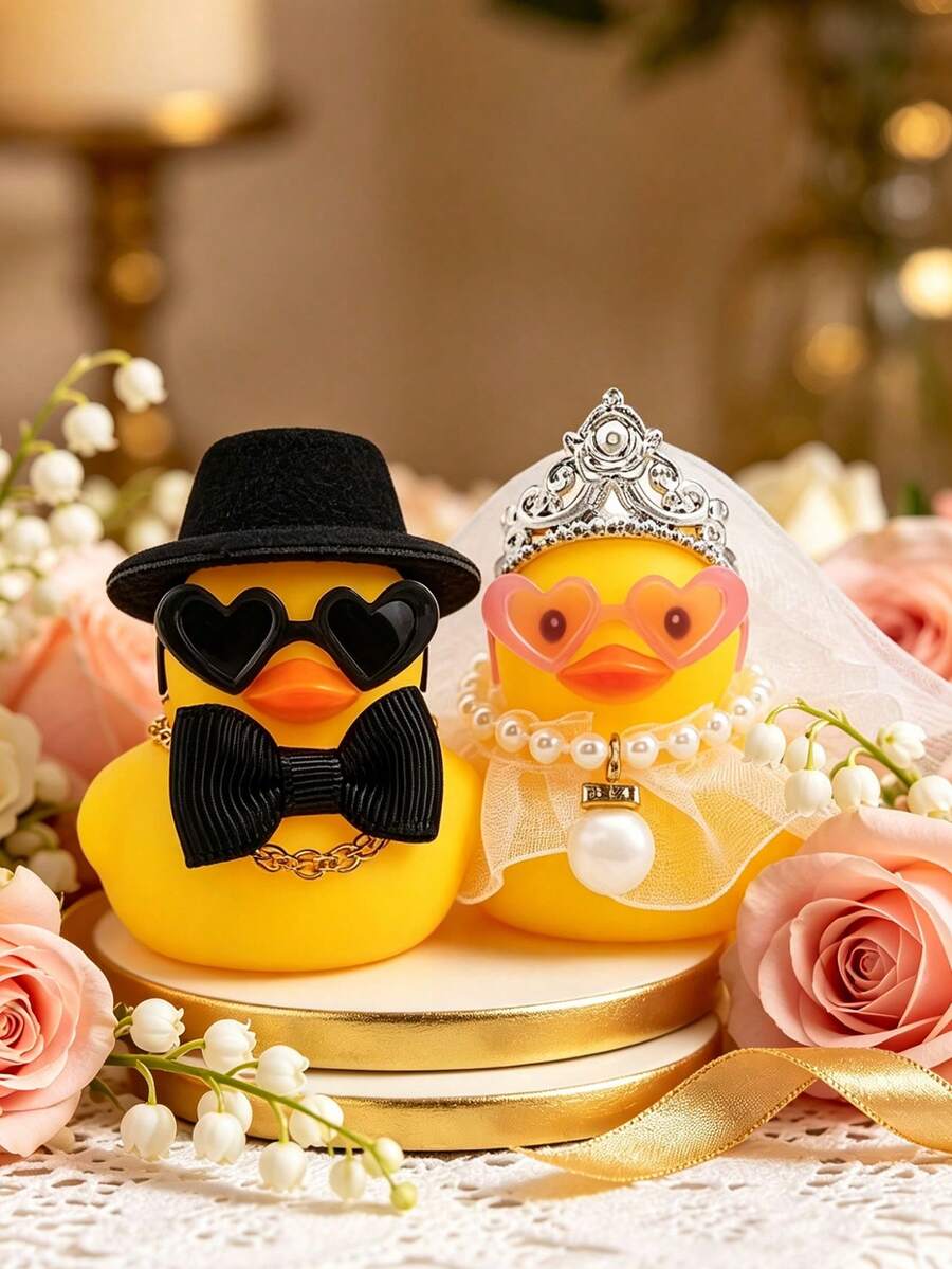 2pcs Romantic Couple Duck Decoration Set, Bride & Groom Rubber Duck Wedding Favors, Bridal Shower Gifts, Party Favors, Wedding Ceremony Gifts, Wedding Anniversary Gifts, White Wedding Dress And Soft Top Hat, Fun & Elegant, Suitable For Couple Commemoration, Wedding Arch Tabletop Decor And Holiday Atmosphere Decoration - A - View 1