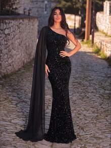 Faeriesty Vestido de Festa Elegante Feminino com Lantejoulas Cintilantes de Ombro Único Sereia - Ideal para Casamentos de Luxo, Galas, Cerimônias de Premiação, Eventos de Gala Preta e Ocasiões de Tapete Vermelho Primavera - Preto - Visão 2