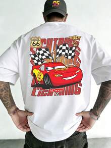 Officially Licensed Disney Cars Unisex T-Shirts Featuring Lightning McQueen's #95 Race Car Design And Cartoon Print. Printed On Both Sides. High-Quality Short-Sleeved T-Shirt Made From 100% Cotton For Men, With A Relaxed Fit, Comfortable, Casual, And Versatile For Summer. Perfect For Disneyland Visits Or As An Oversized Top For Couples On Vacation. The Ideal Gift For Cars Fans, Perfect For Everyday Wear, Street Style, And Holidays. - trắng - Xem 3