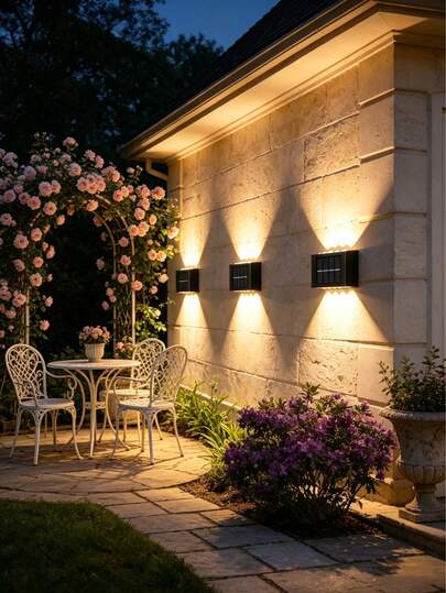 1/6 đèn tường năng lượng mặt trời ngoài trời, 8 đèn LED, thích hợp cho vườn, sân, cảnh quan, hiên nhà, hành lang, cầu thang, đèn trang trí tường, ánh sáng trắng/ấm, chống thấm nước, cảm biến ánh sáng tự động.